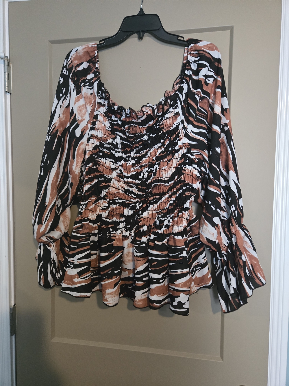 Ashley Stewart Black, White & Brown Smocked Peplum Blouse